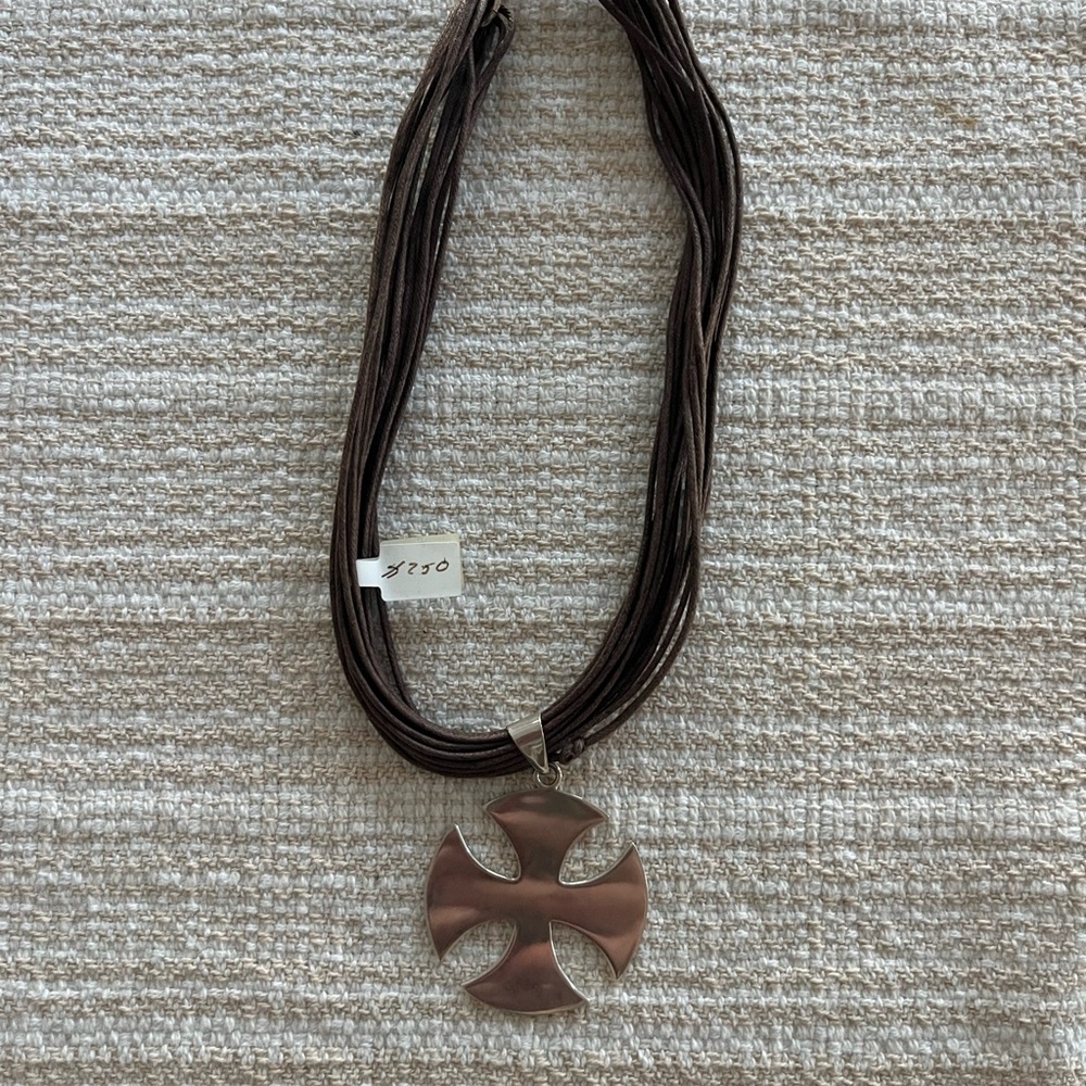 Multi-Strand Brown Cord Necklace with Silver Maltese-Style Cross Pendant